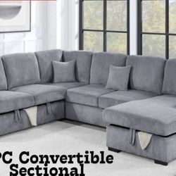 $649-4Piece Convertible Sectional  Sleeper Sofa ,Chaise Storage ,Sofa Storage & USB Ports 98” x 103” x 61” x36”H