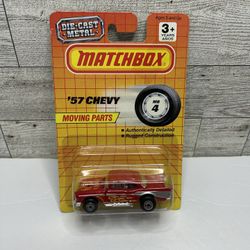 Vintage Matchbox Red  ’1957 Chevy with Flames / Moving Parts • Die Cast Metal  • Made in Thailand 