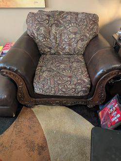 Matching Oversized Accent Chairs – Wood Trim & Leather Style Arms