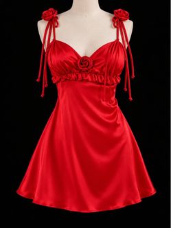 New Red Satin Babydoll Dress with Rose Details, XS