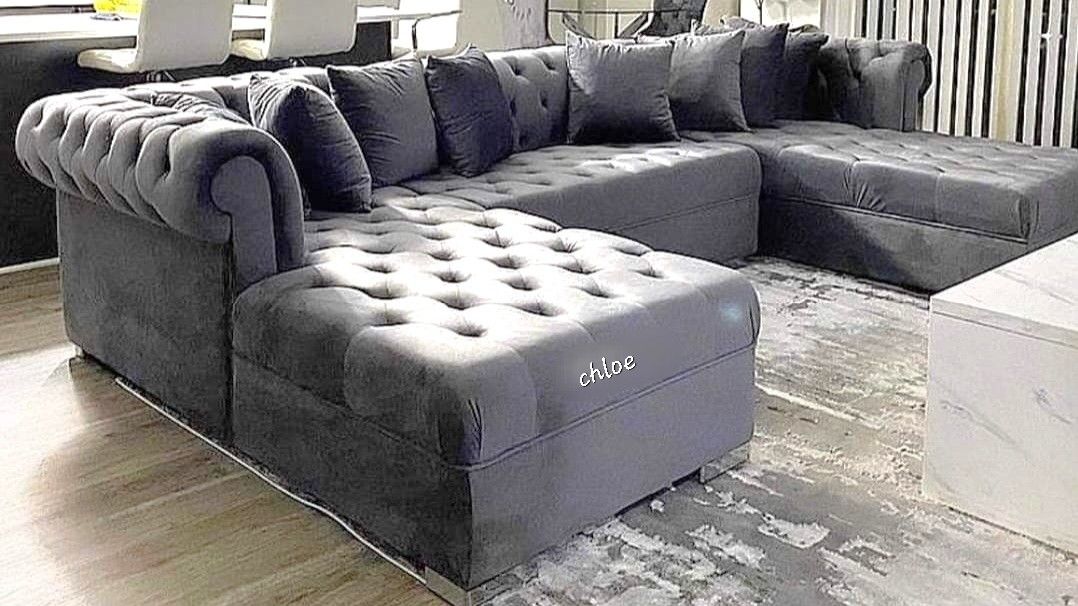 
■ASK DISCOUNT COUPON💫  sofa Couch Loveseat Living room set sleeper recliner daybed futon / Gray Velvet Double Chaise Sectional 