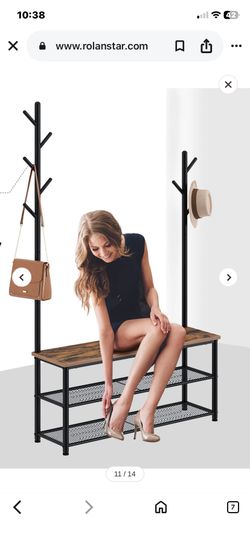 Rolandtar Shoe Bench with a Rustic Wood Seat, 2 Metal  Mesh Shelves, 2 Coat Racks with 8 Hooks