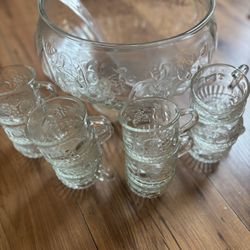 Vintage Jeannette Glass Crystal Fruit Design Punch Bowl Set