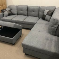 Brand New Grey Denim Linen Sectional With Storage Ottoman
