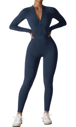 Women's Navy Ribbed Zip Front Mock Neck Long Sleeve Catsuit Size M