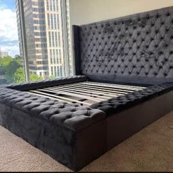 👑 Brand New Grey/Navy Blue Upholstered Square Storage Queen & King Size Bed - Opt Mattress | Pay After Delivery 🚚 