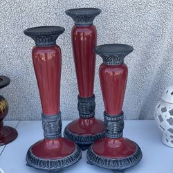 Burgundy Pillar Candle Holders / Ceramic 