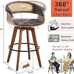 Counter Height Bar Stools - 26.4 inch Mid Century Counter Stools with Cane Back, Walnut Crafts, Curved Arms, Upholstered Seat, Swivel Counter