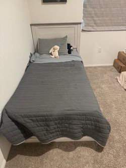 White Twin Bed Frame with Headboard Gray Trim
