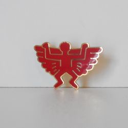 Authentic 1990s Keith Haring Estate Official Gold Plated Red Enamel Angel Winged Figure Pin
