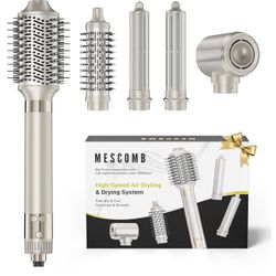 MESCOMB 5-in-1 Hot Air Styler Kit – 110,000 RPM Fast-Drying Dryer, Auto-Wrap Curlers, Straightening & Volumizing Brushes All-in-One (Champagne White)
