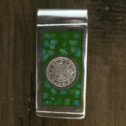 925 Sterling Silver Aztec Calendar Embedded In Turquoise Money Clip 