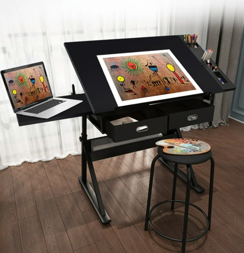 Metal Adjustable Height Drafting Table/Stool Set with 2 Drawer, Black