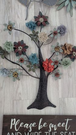 Metal Tree Wall Art with Fabric Flowers