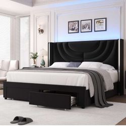 King Upholstered LED Bed Frame with 2 Storage Drawers, Velvet black S-12