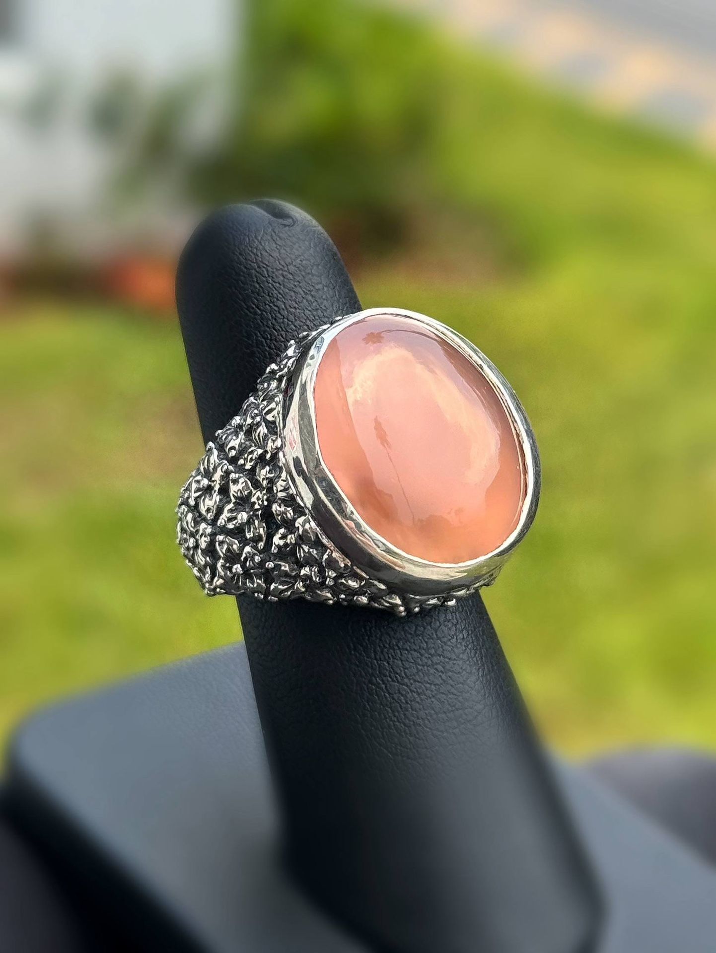 Jewelry .925 sterling silver big flower blacked carnelian stone 20CTW Ring size 7.25
