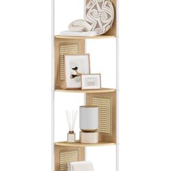 5-Tier Corner Shelf Stand, Boho Corner Bookshelf with Polyrattan Sides, Plant Stand for Living Room Bedroom Study Kitchen, Oak Beige ULLS5