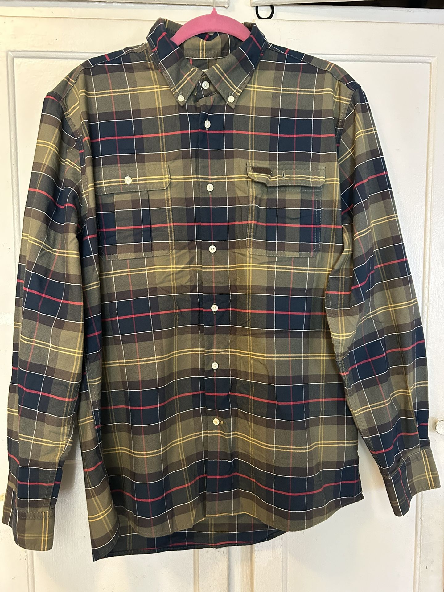 Barbour Fulton Coolmax olive Plaid Long Sleeve Flannel Shirt outdoors Sz Medium