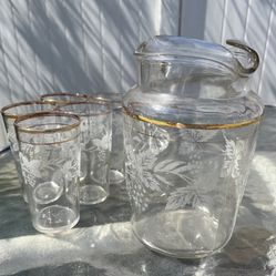 Vintage Bartlett Collins Frosted Grape Leaves Pitcher & 5 Matching Glasses Mid Century Set