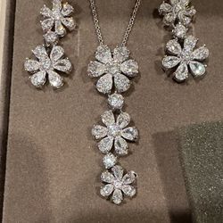 Vintage Nolan Miller Crystal Flower Necklace Earrings Set