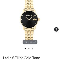 Product Specifications

Gold-tone stainless steel bracelet bezel and case
Black dial with gold-tone hour markers and two hands
Signature gold-tone "ho