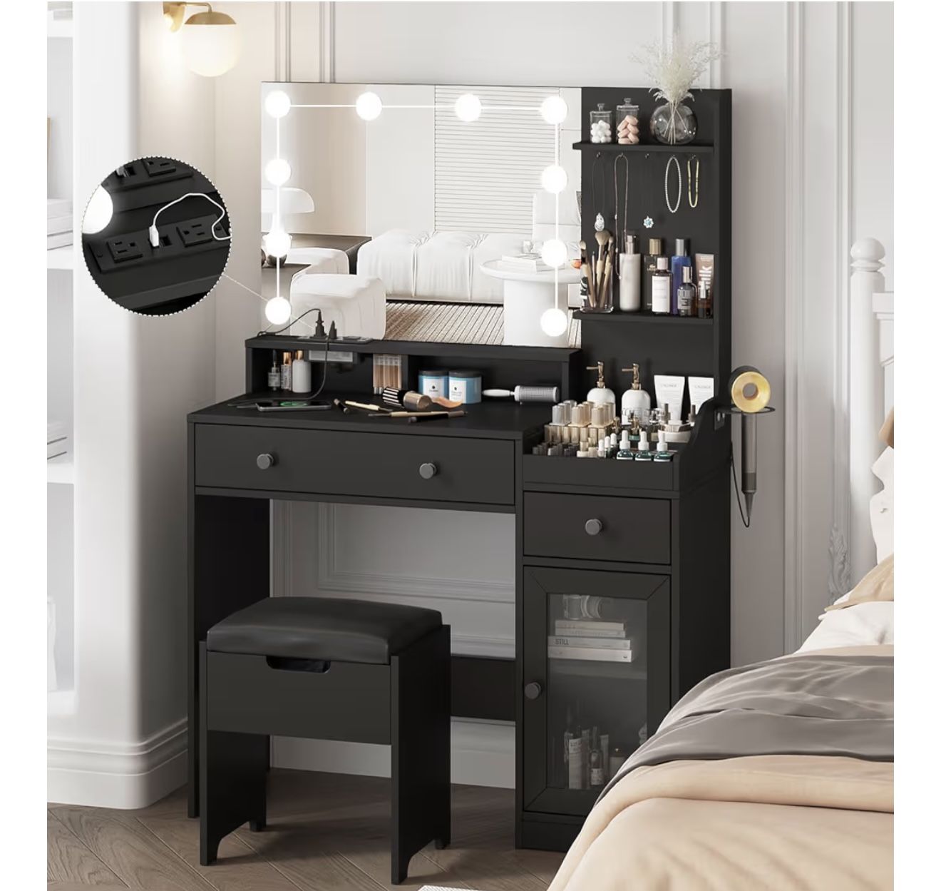 Black Makeup Vanity Desk with Mirror & Lights - Brand New