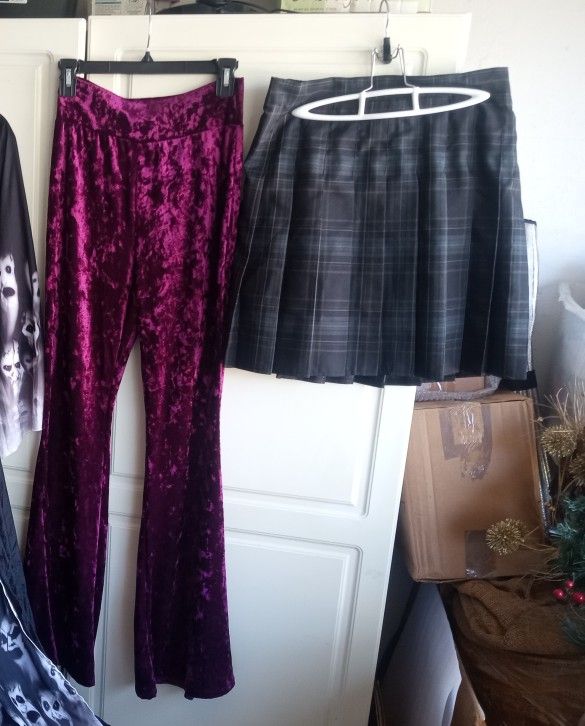 VELVET BELL BOTTOMS AND PLAID SKIRT $5 EACH