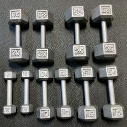 Set of Hammered Gray Dumbbells DB 5s 10s 15s 20s 25s Total - 150 Pounds