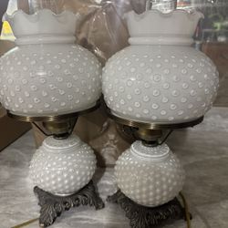Vintage Hobnail Milk Glass Table Lamps – Pair – Working 