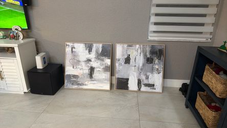 Abstract Black and White Framed Canvas Paintings Set of 2