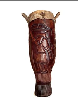 Antique Vintage Hand Carved Decorated Peg Drum African Folk Art