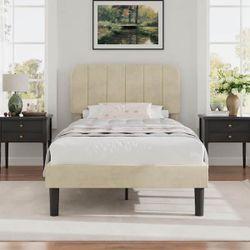 Upholstered Bed Frame, Twin Platform Bed Frame with Adjustable Headboard, Strong Wooden Slats Support, Beige