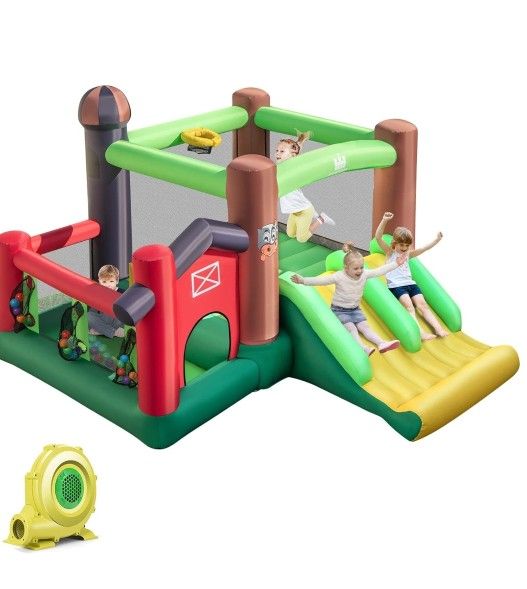 GLACER Inflatable Bounce, 6-in-1 Bouncer Castle w/Double Slides, Jump Area, Ocean Balls, Basketball Rim, Trampoline, Pitching Game, Ball Blowing for K