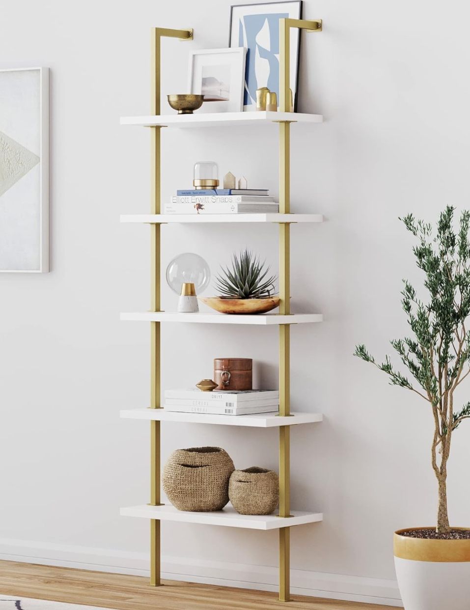 Nathan James Theo 5-Shelf Modern Bookcase, Open Wall Mount Ladder Bookshelf, White/Gold