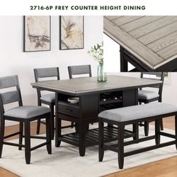 TWO TONED  COUNTER HEIGHT DINING TABLE WITH CHAIRS AND BENCH