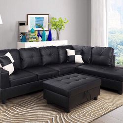 Black Modern Sectional Sofa With Storage Ottoman Brand New