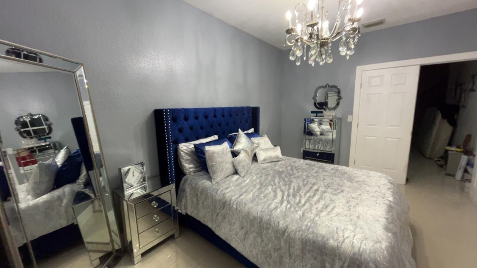 Bedroom Set, Bed, night Stands, Bench, Standing Mirror, Mirror Frame, Desk, Office Chair, And dresser