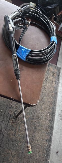 high-pressure washer replacement spray gun, stainless steel extension wand, quick-connect nozzle, and a coiled high-pressure hose