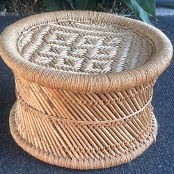 Vintage Table Ottoman Stool  Cane Woven Boho Mid Century 11.5”H x 19”Diameter
