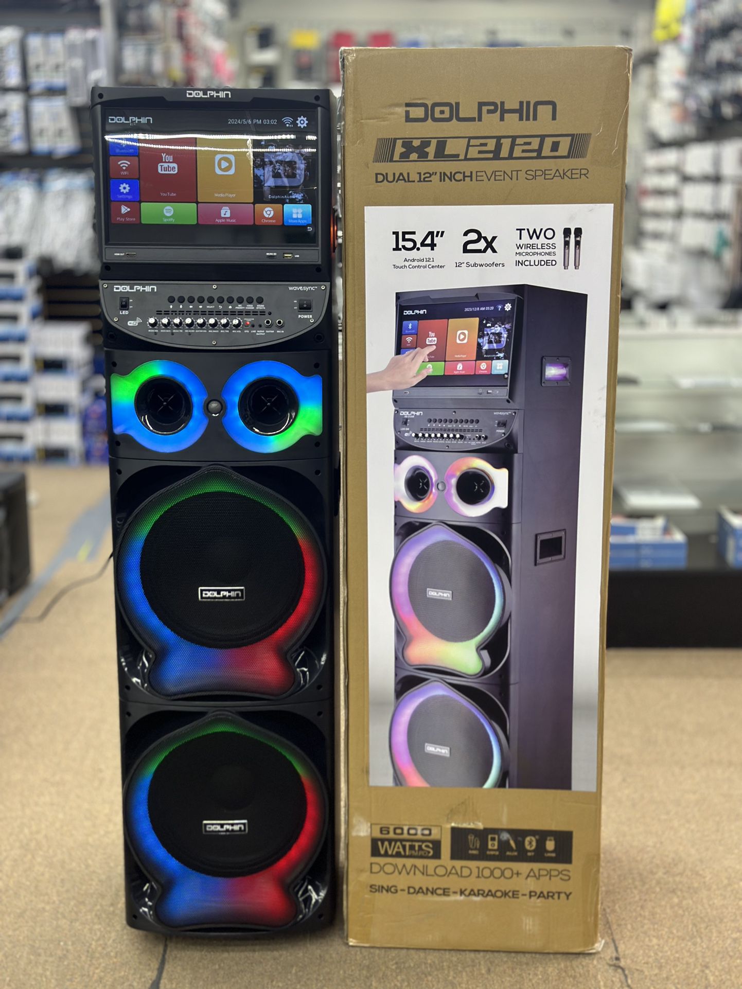 High-End Party Speaker: 15.4" Touch Screen and Dual 12" Subwoofers with 2 Wireless Microphones