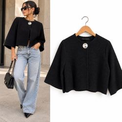 Zara Black Cropped Textured Cardigan – Silver Button – Medium