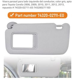 Left driver side sun visor, gray, suitable for Toyota Corolla 2008, 2009, 2010, 2011, 2012, 2013, spare # 741-E0 E0