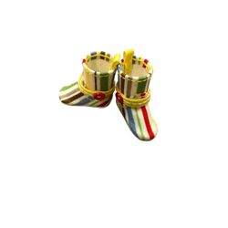 Vintage Striped Doll Boots Yellow Straps Red Buttons Pair