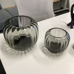 Coco Ribbed Glass Dark Grey Hurricane Candle Holders