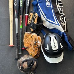 Baseball Bats, Gloves, Helmet, Balls And Bag.