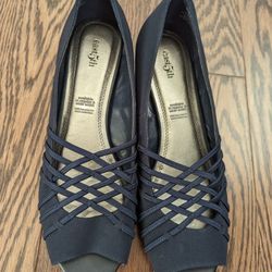 Dark Blue Satin Open Toe Shoe - Size 9.5