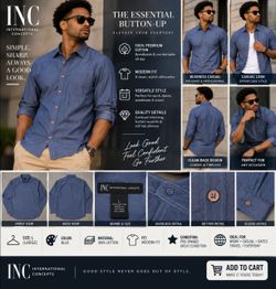INC International Concepts Men’s Blue 100% Cotton Button-Up Shirt Long Sleeve