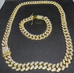 Diamond Gold Cuban Chain 23in + bracelet