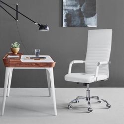New Modern White PU Leather High Back Ribbed Office Desk Chair Office Chair Adjustable Swivel Computer Chair with Armrest for Conference Study Leisure
