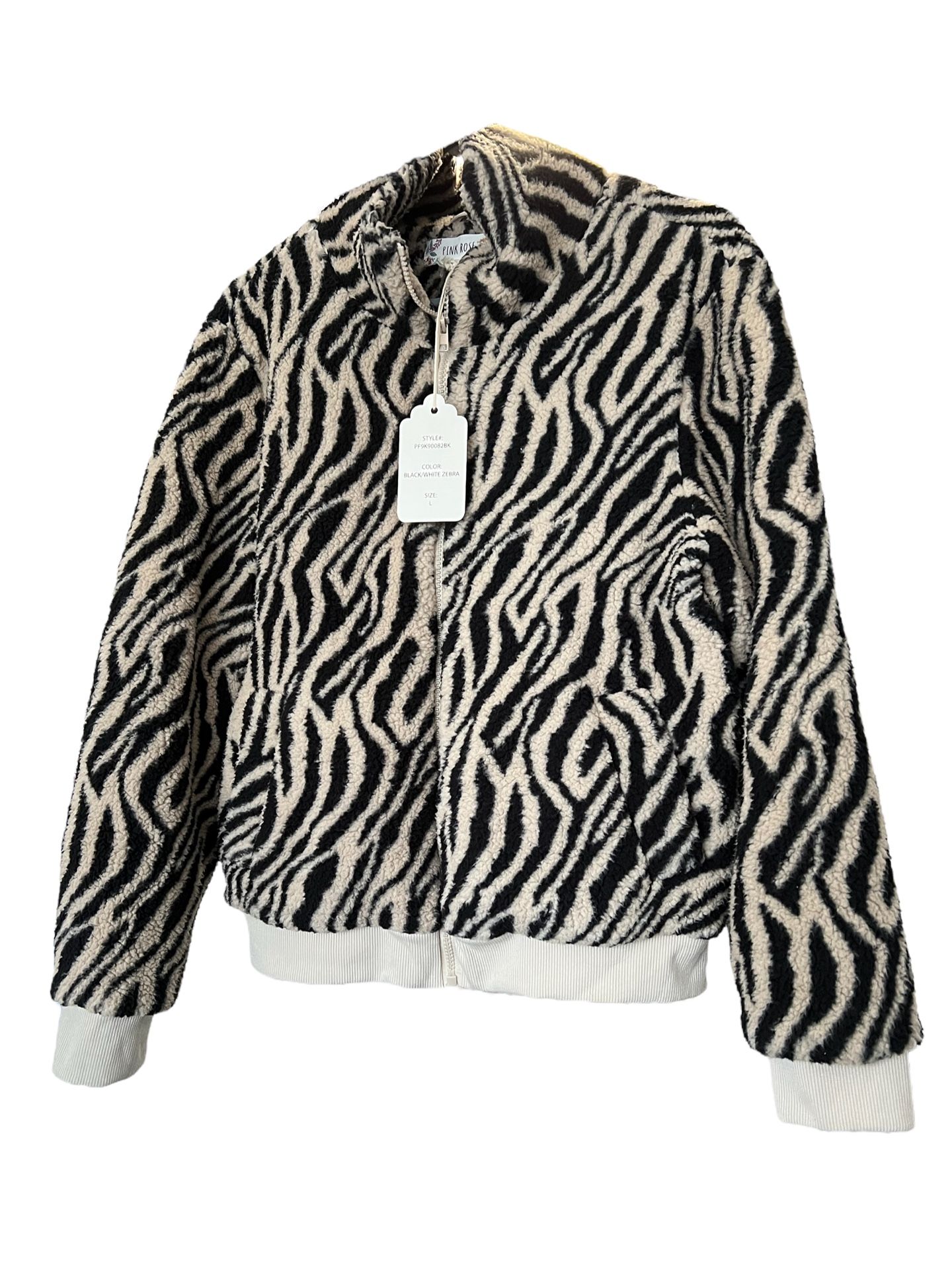 Pink Rose Zebra Sherpa Bomber Jacket Size large Beige & Black NWT Streetwear. 2 pockets in front. Girly, retro B13